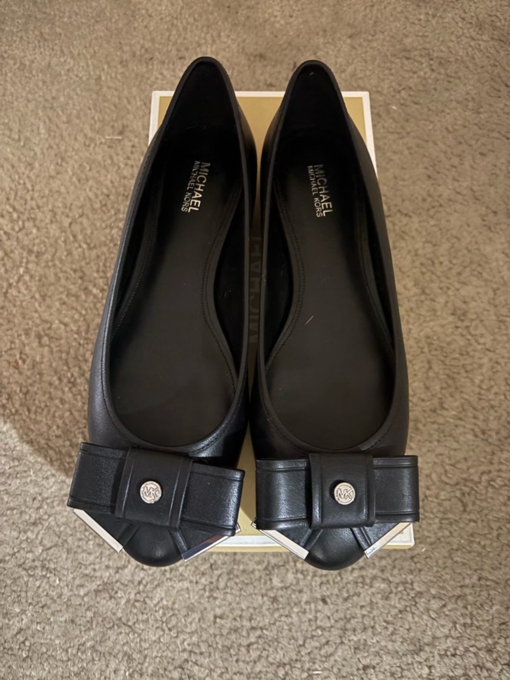 Michael Kors Black Leather Bow Toe Flats with Logo Accent